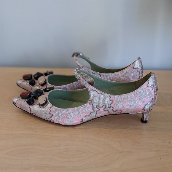 PRADA Vintage Brocade Pink Silver Metallic heels - Picture 4 of 10